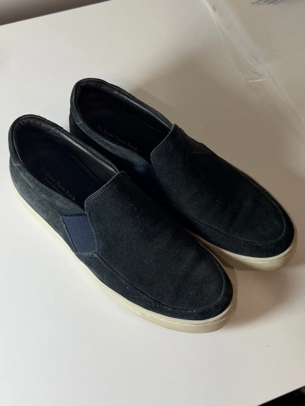 To Boot New York Adam Derrick Navy Suede Leather Slip-On Loafers with White Sole
